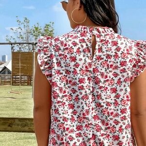 SHEIN Red and White Ruffled Mandarin Collar Blouse